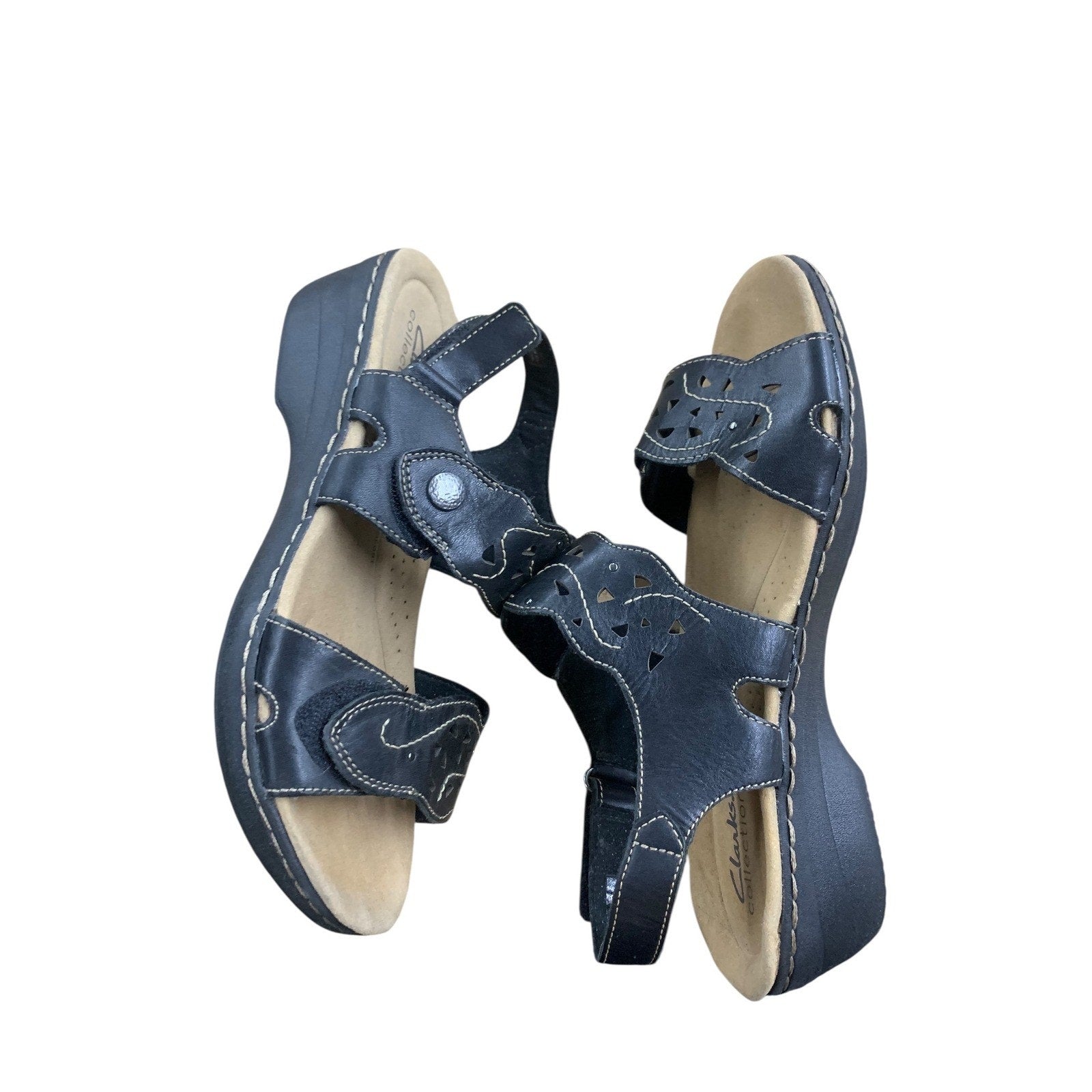 Clarks Collection Black Leather Adjustable Strap Sandals - US Womens 8M