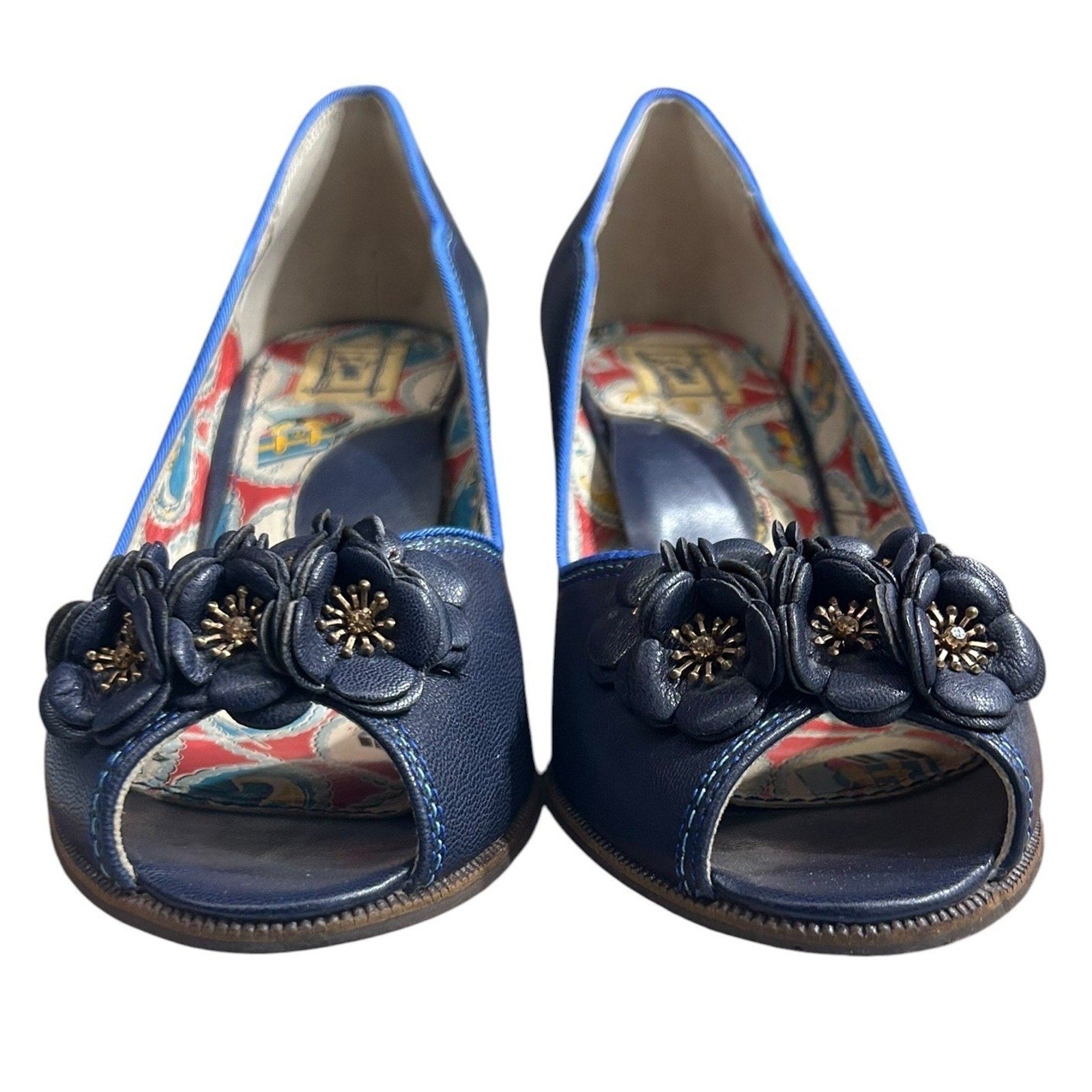 Miss L-Fire Navy Blue Peep Toe Floral Pumps Nautical Pirate Lining Size 40