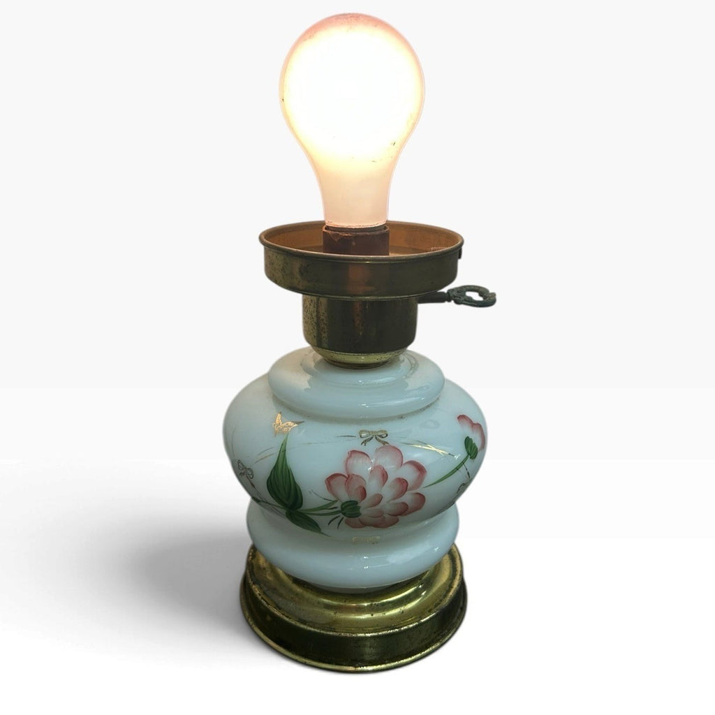 Tested Vintage Milk Glass Hurricane Parlor Lamp Hand Painted GWTW Brass Base