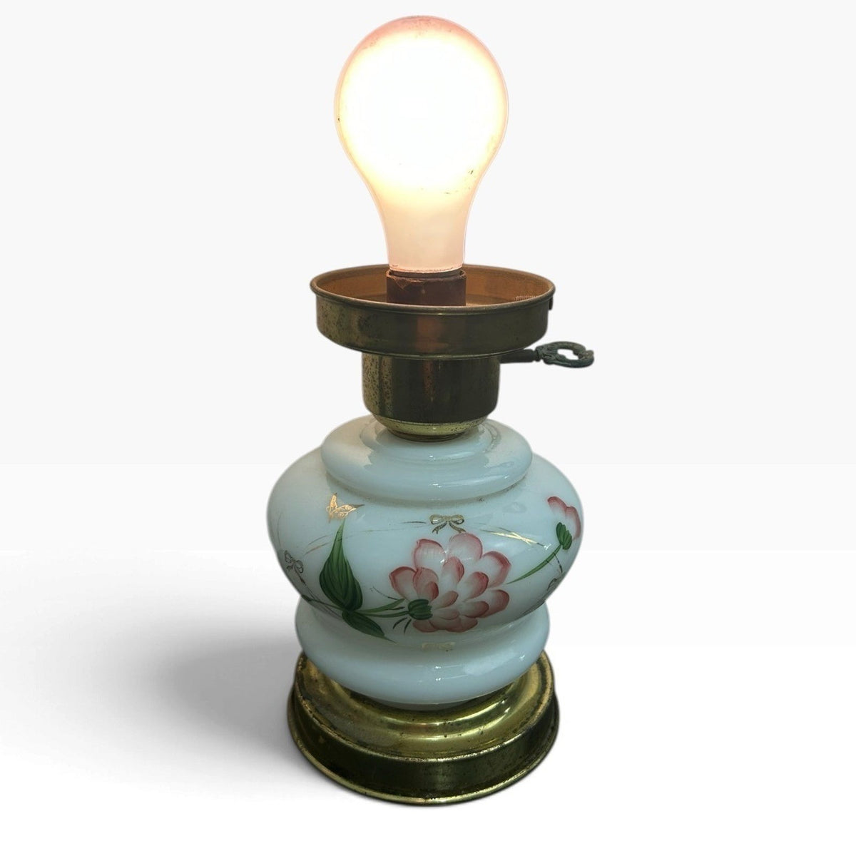 Tested Vintage Milk Glass Hurricane Parlor Lamp Hand Painted GWTW Brass Base