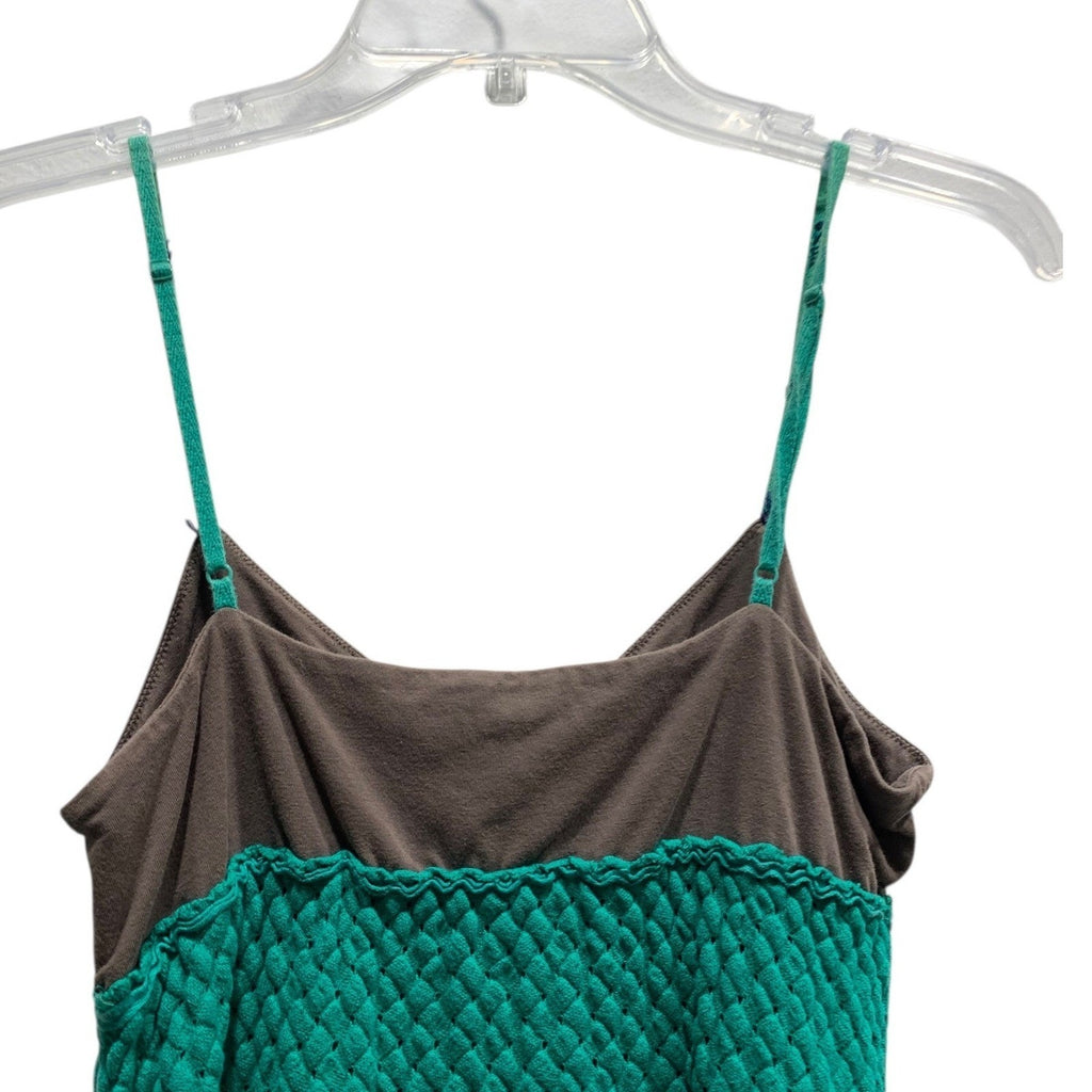 Free People Green Brown Quilted Mini Dress Boho Strappy Empire Waist Size 8