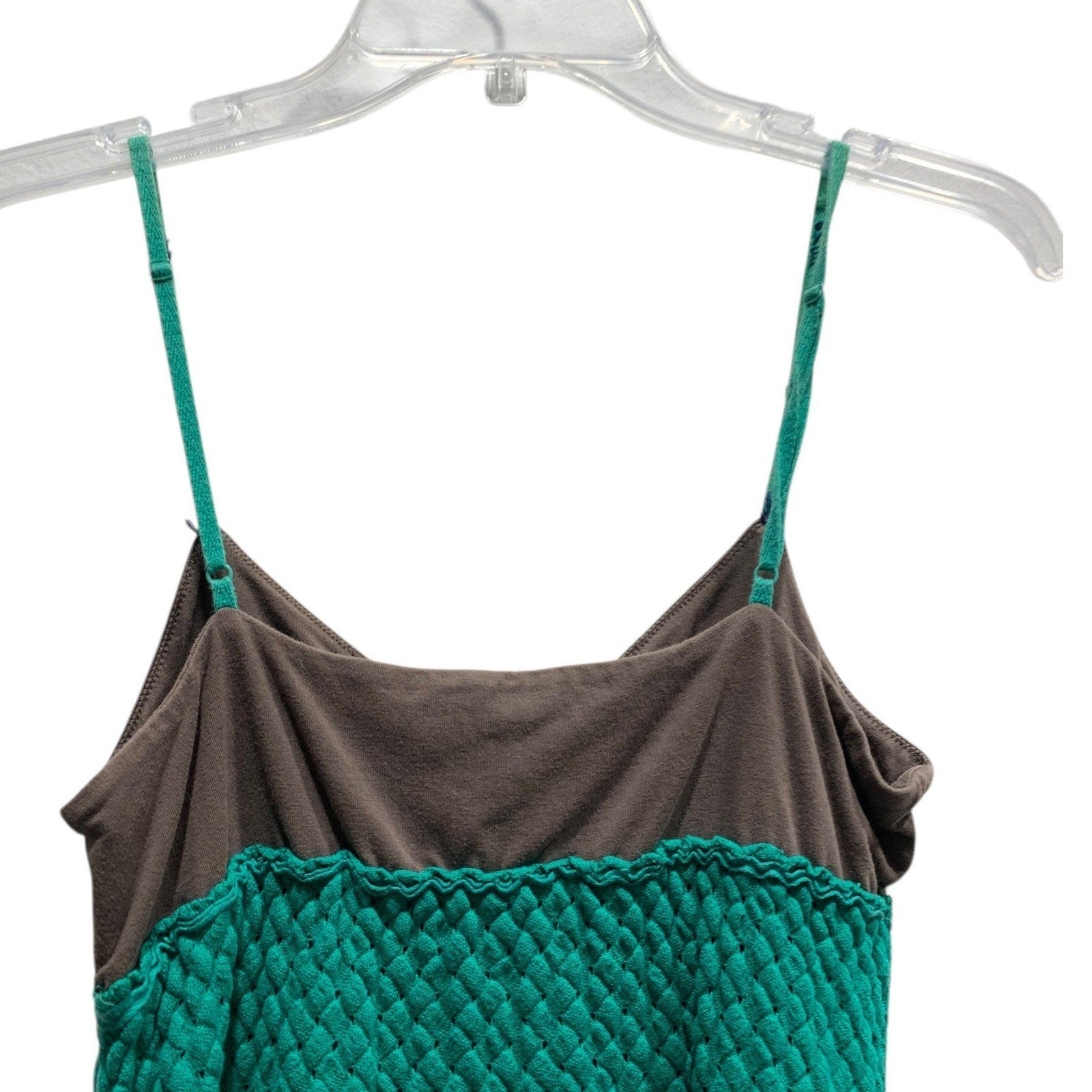 Free People Green Brown Quilted Mini Dress Boho Strappy Empire Waist Size 8