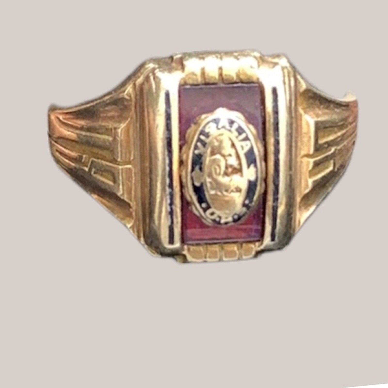 Vintage Visalia Union High School 14K Yellow Gold Class‎ Ring Red Stone Size 6.5