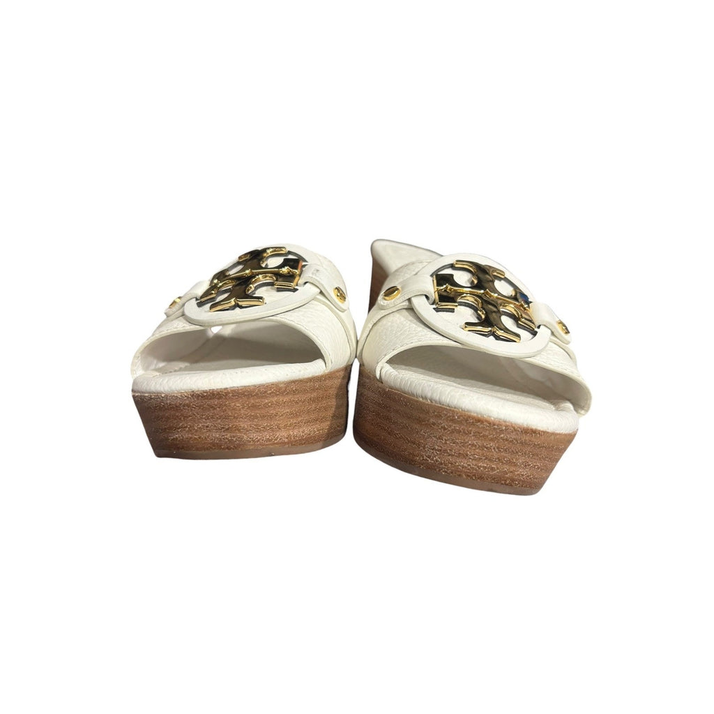 Tory Burch Selma Leather Wedge Sandals White Pebbled Leather Gold Logo 6.5M