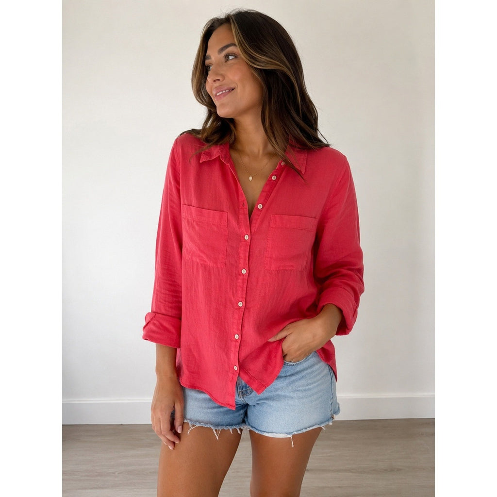 Boden Pink 100% Linen Button Down Shirt Long Sleeve Pockets WA689 US 12R