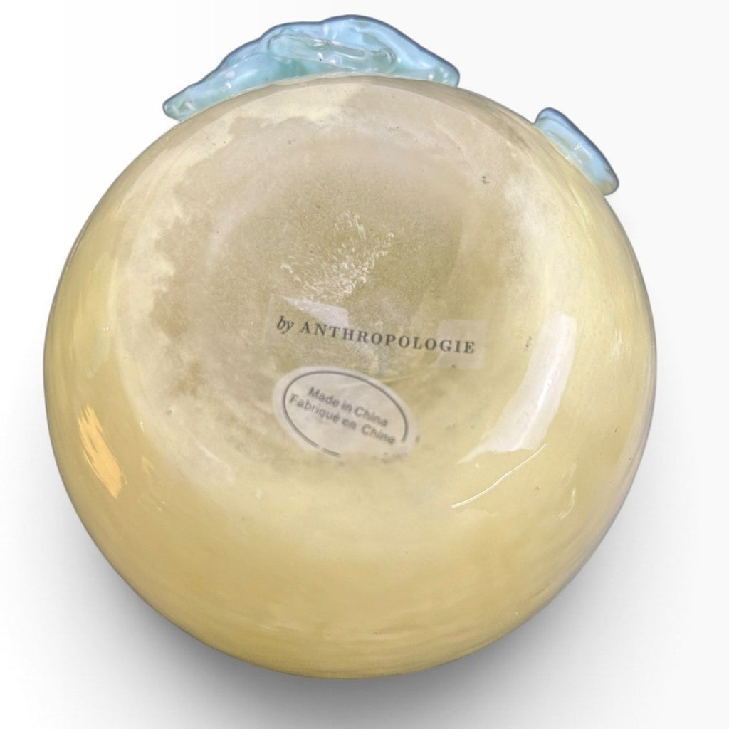 Anthropologie Yellow Glass Vase with Blue Applied Flowers Scalloped Rim 6.5in