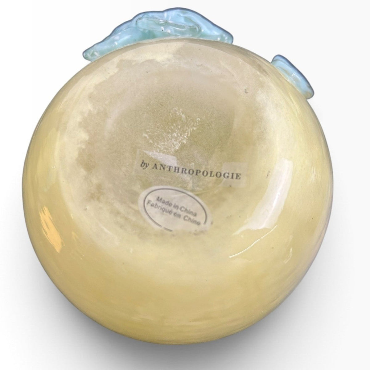 Anthropologie Yellow Glass Vase with Blue Applied Flowers Scalloped Rim 6.5in