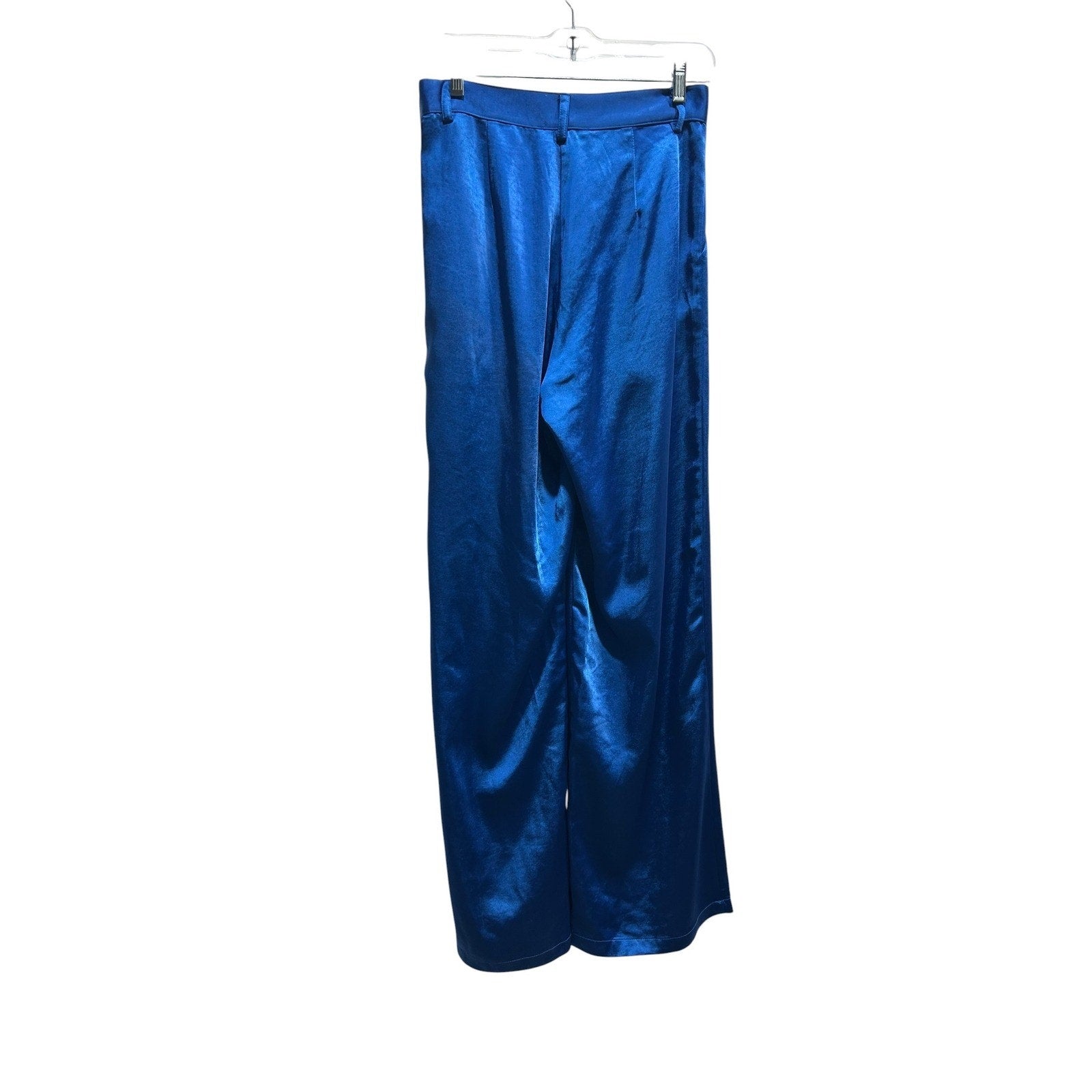 Women Royal Blue Satin Wide Leg Pleated High Waist Trousers Size M Glam Dressy