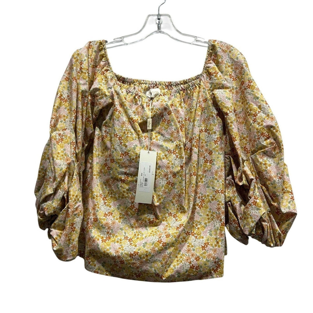 Petersyn Women Yellow Floral Off Shoulder Puff Sleeve Cotton Blouse Top S NWT