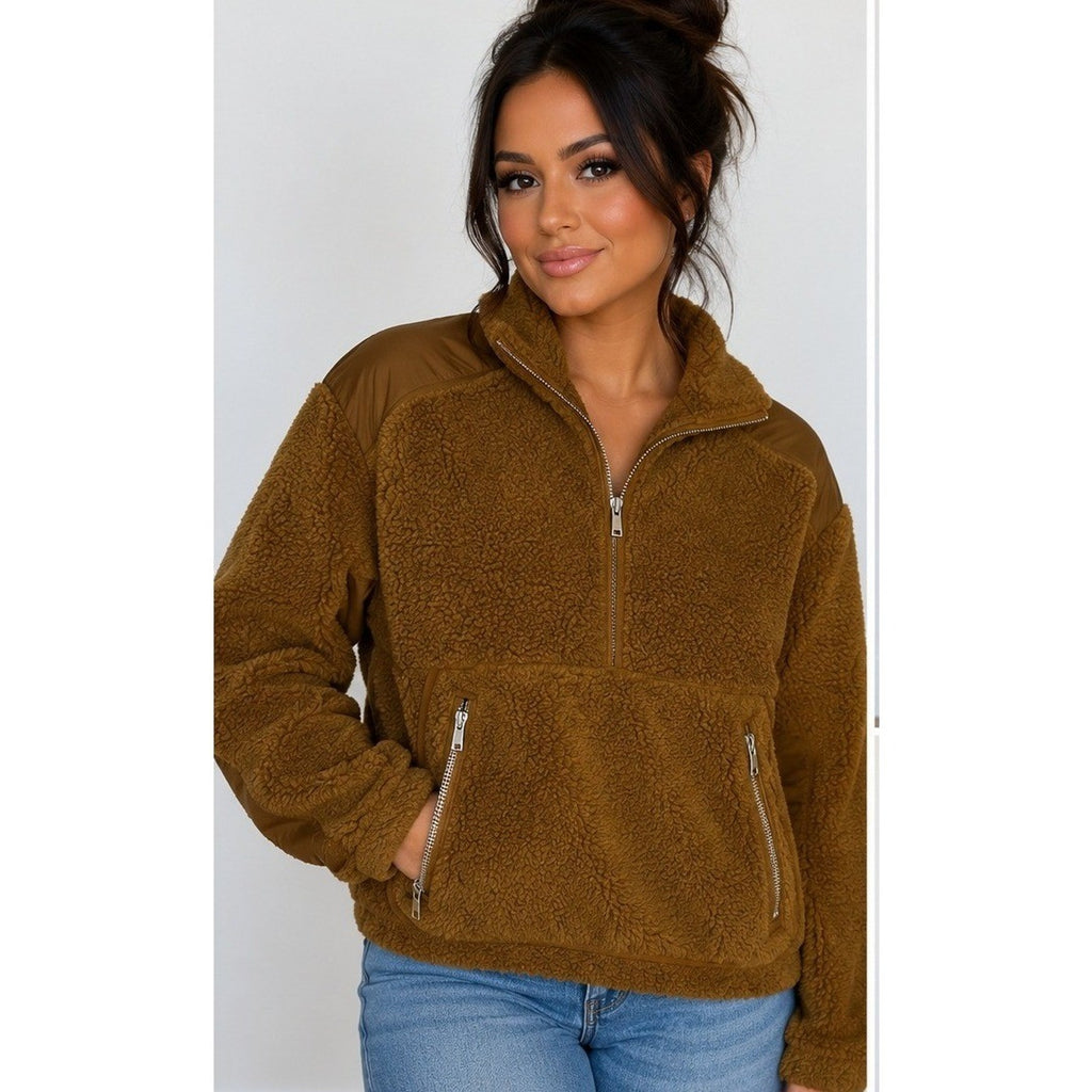 Madewell Womens Small Faux Shearling Half Zip Pullover Sweater Brown Contrast