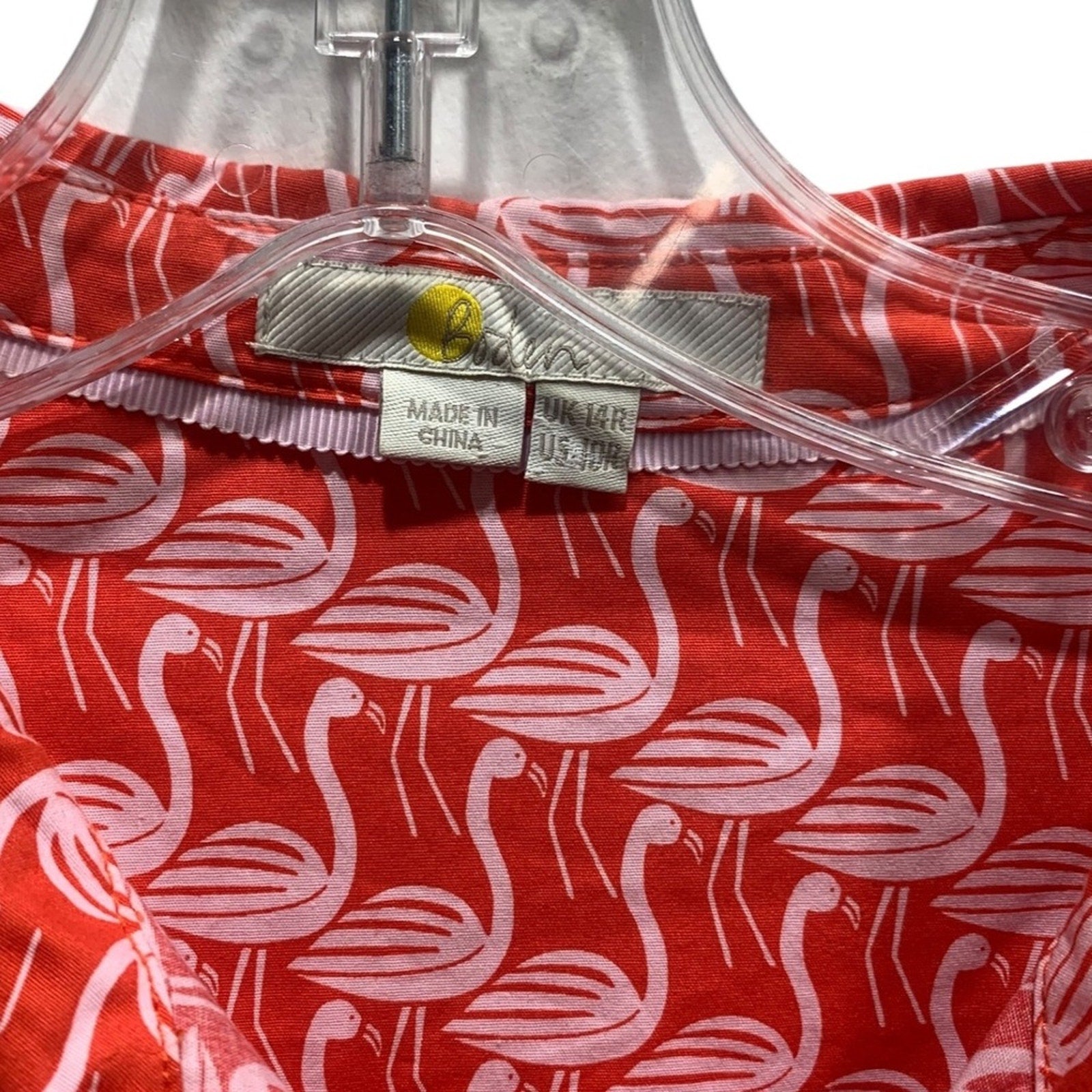 Boden Coral Pink Flamingo Print Belted Short Sleeve Shirt Dress US 10