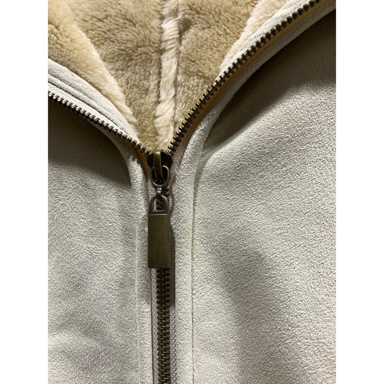 Marvin Richards Women's Beige Faux Suede Fur Lined Hooded Zip Up Jacket L