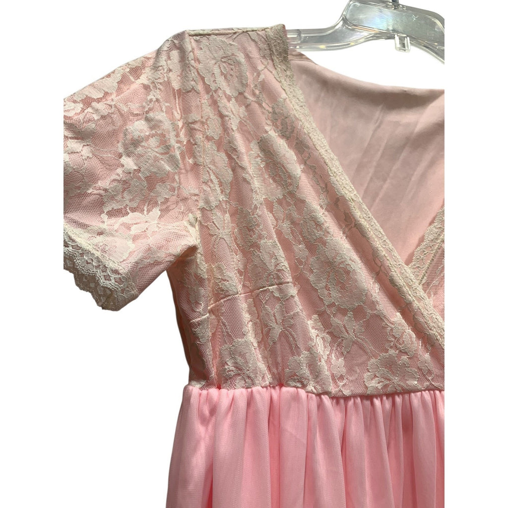 Vintage Pink Lace Maxi Nightgown Sheer Empire Waist Ruffle Sleeve Peignoir Dress