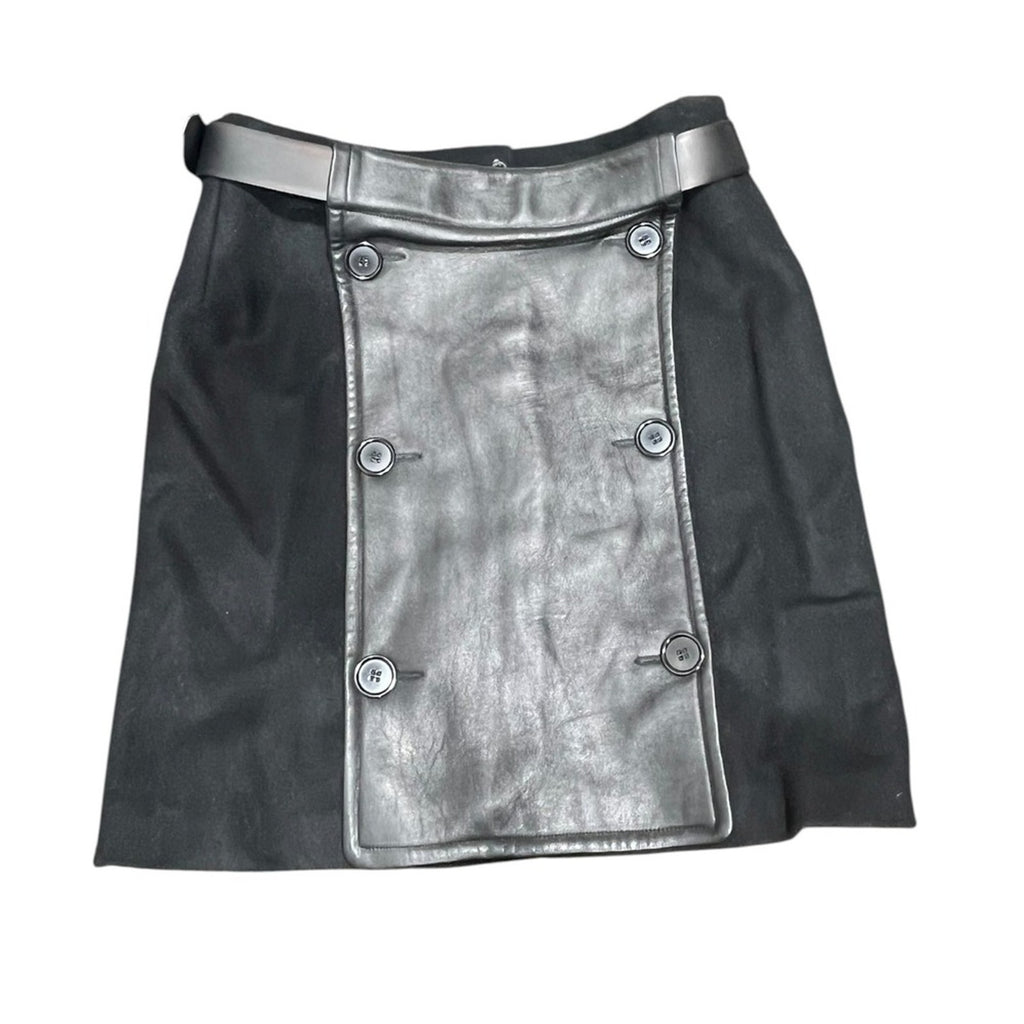 Max Mara Woolrich Black Leather Trim Double Button Belted Skirt Size 38