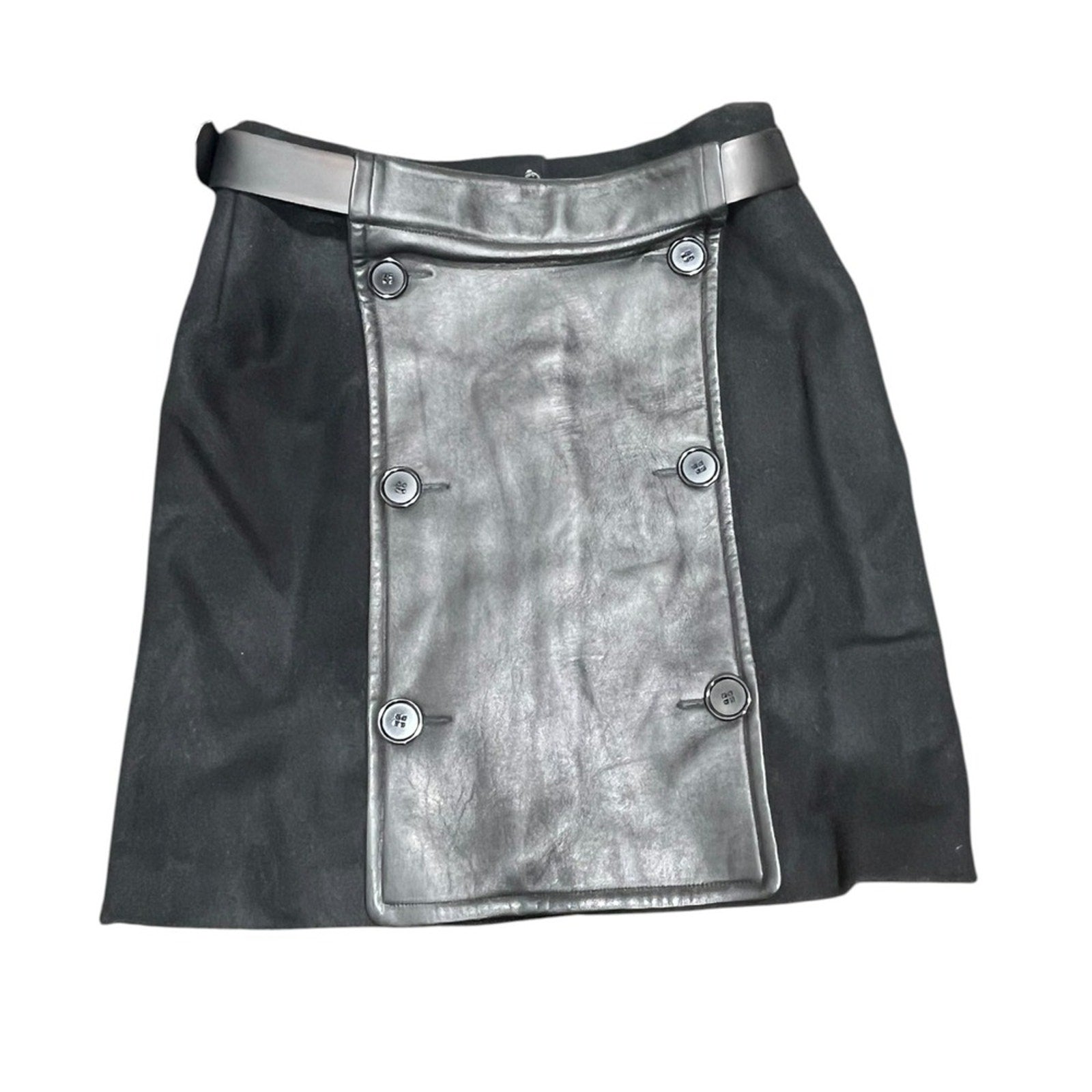 Max Mara Woolrich Black Leather Trim Double Button Belted Skirt Size 38