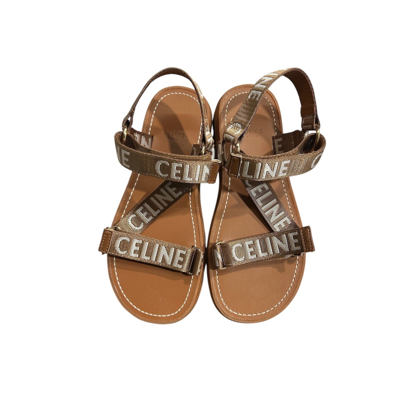 Celine Leo Flat Sandals Bronze Logo Jacquard Lug Sole Womens Size 40 Italy