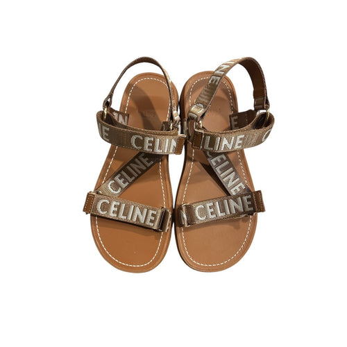Celine Leo Flat Sandals Bronze Logo Jacquard Lug Sole Womens Size 40 Italy