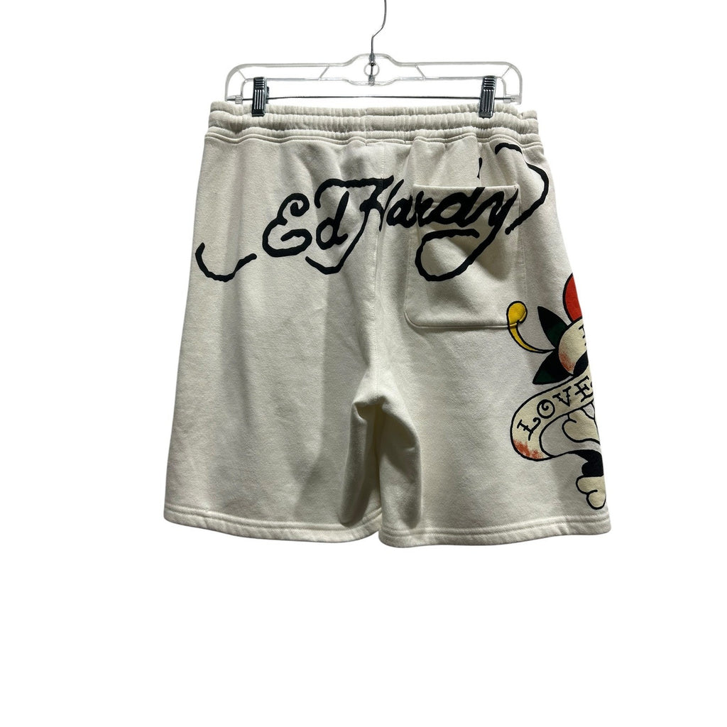 Ed Hardy Mens Kills Slowly Skull Heart Graphic Sweat Shorts Cream White Medium
