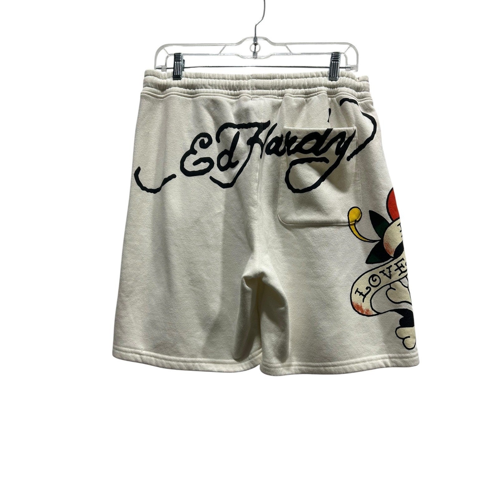 Ed Hardy Mens Kills Slowly Skull Heart Graphic Sweat Shorts Cream White Medium