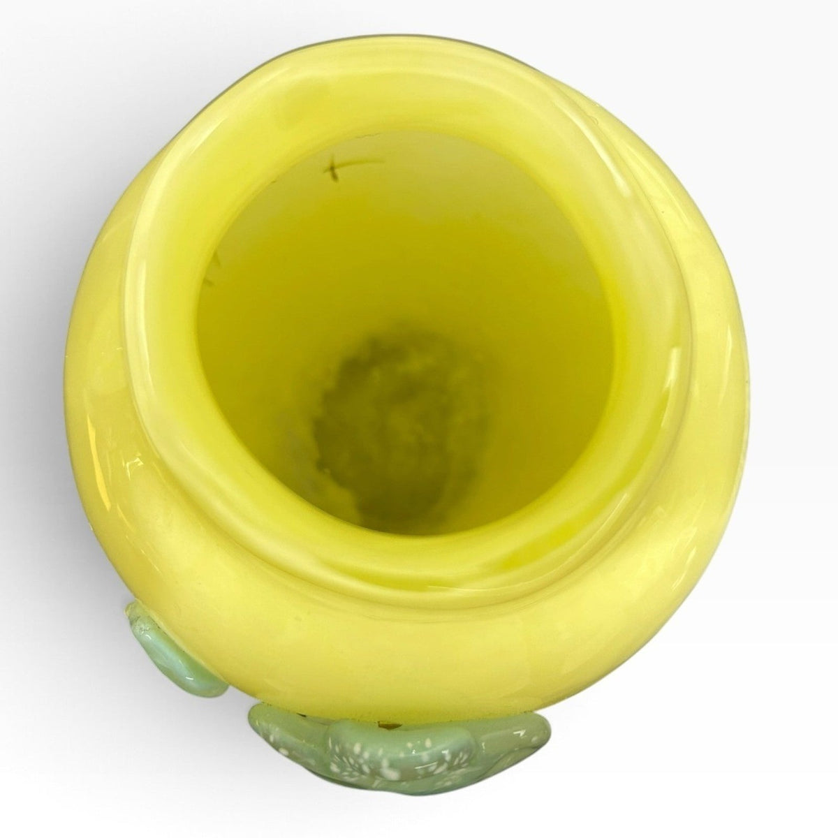 Anthropologie Yellow Glass Vase with Blue Applied Flowers Scalloped Rim 6.5in