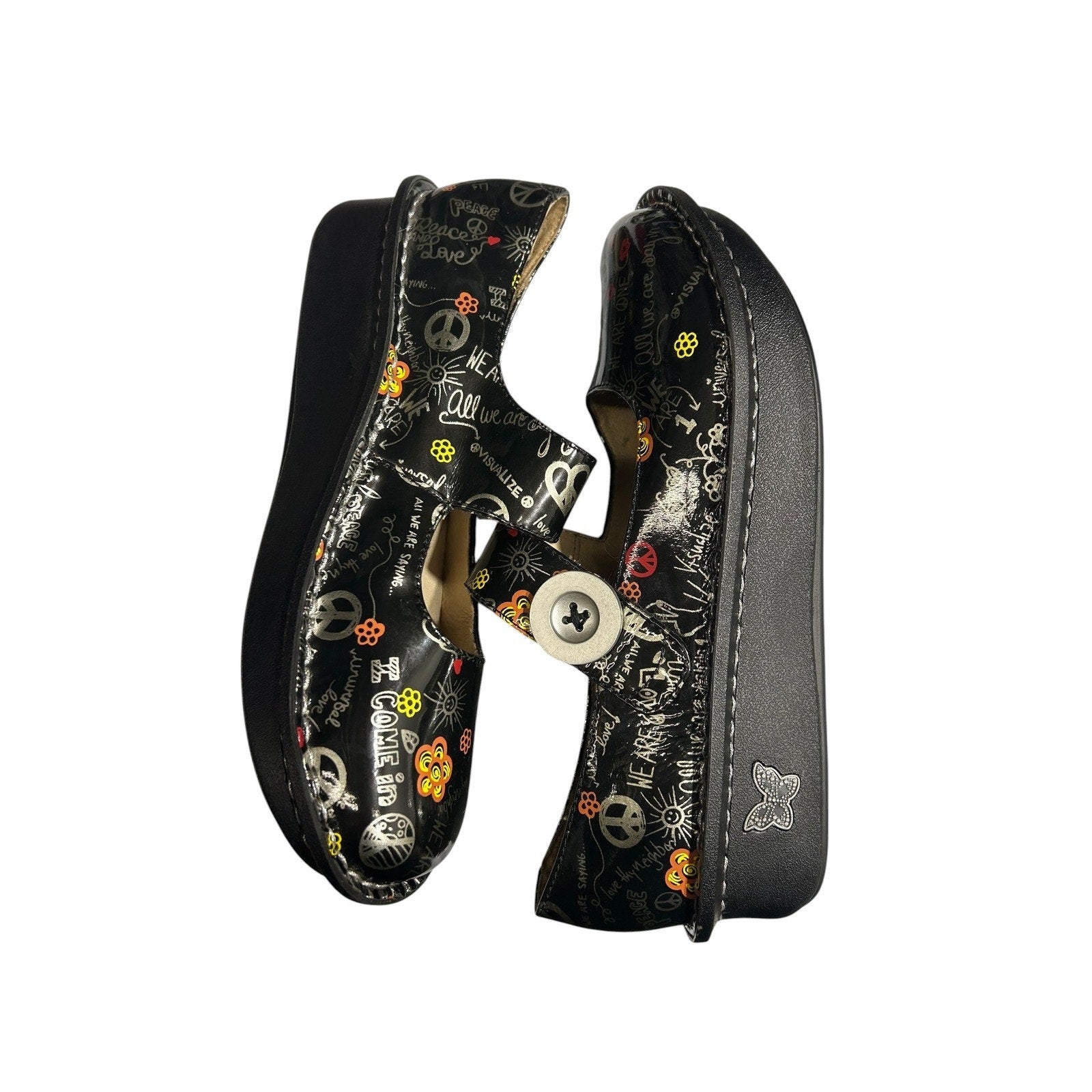 Alegria Paloma Black Peace Love Doodle Leather Mary Jane Clogs Shoes Womens 38