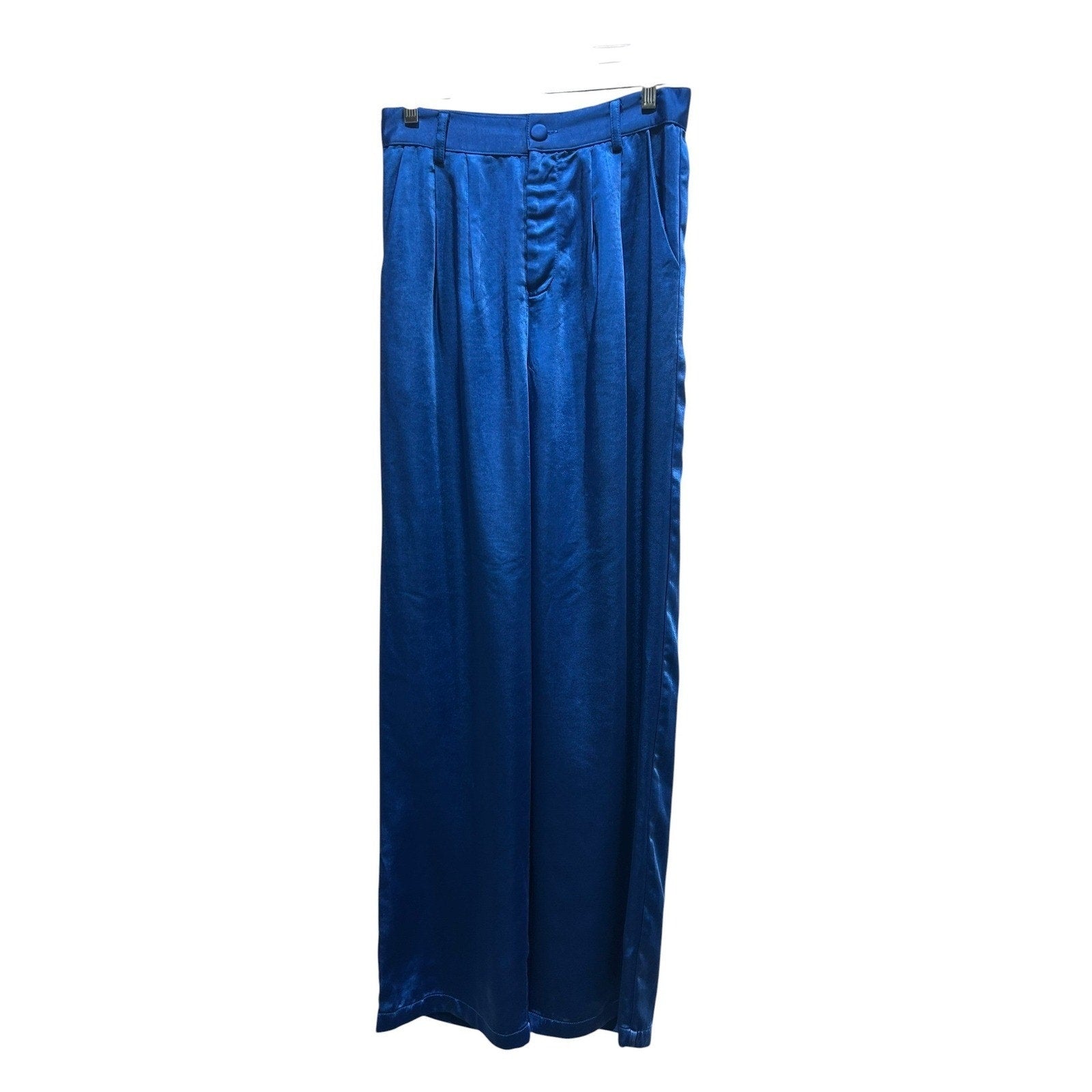 Women Royal Blue Satin Wide Leg Pleated High Waist Trousers Size M Glam Dressy
