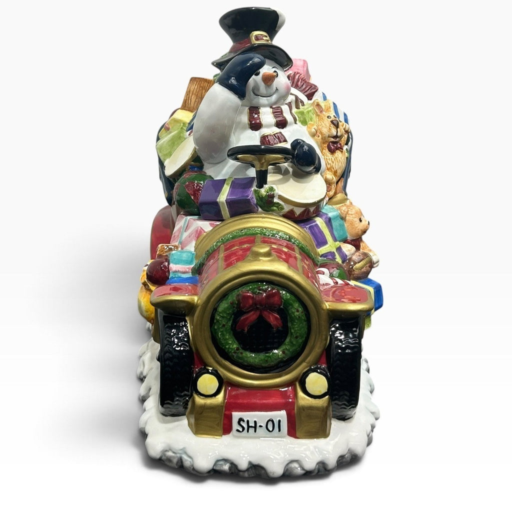 Tomsky Ltd 2004 Snowman Driving Vintage Car Christmas Ceramic Cookie Jar 11"