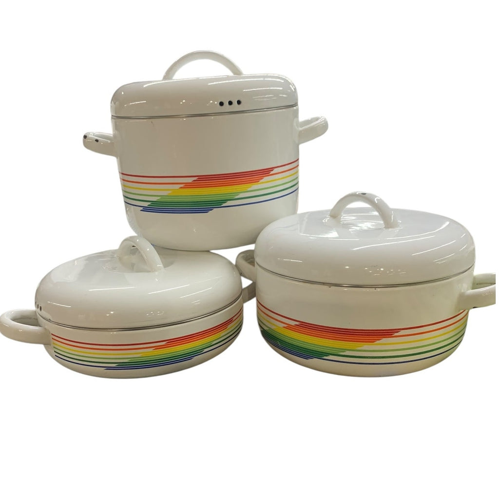 Vintage Enamel Fabrique Rainbow Pots with lids Set of 3