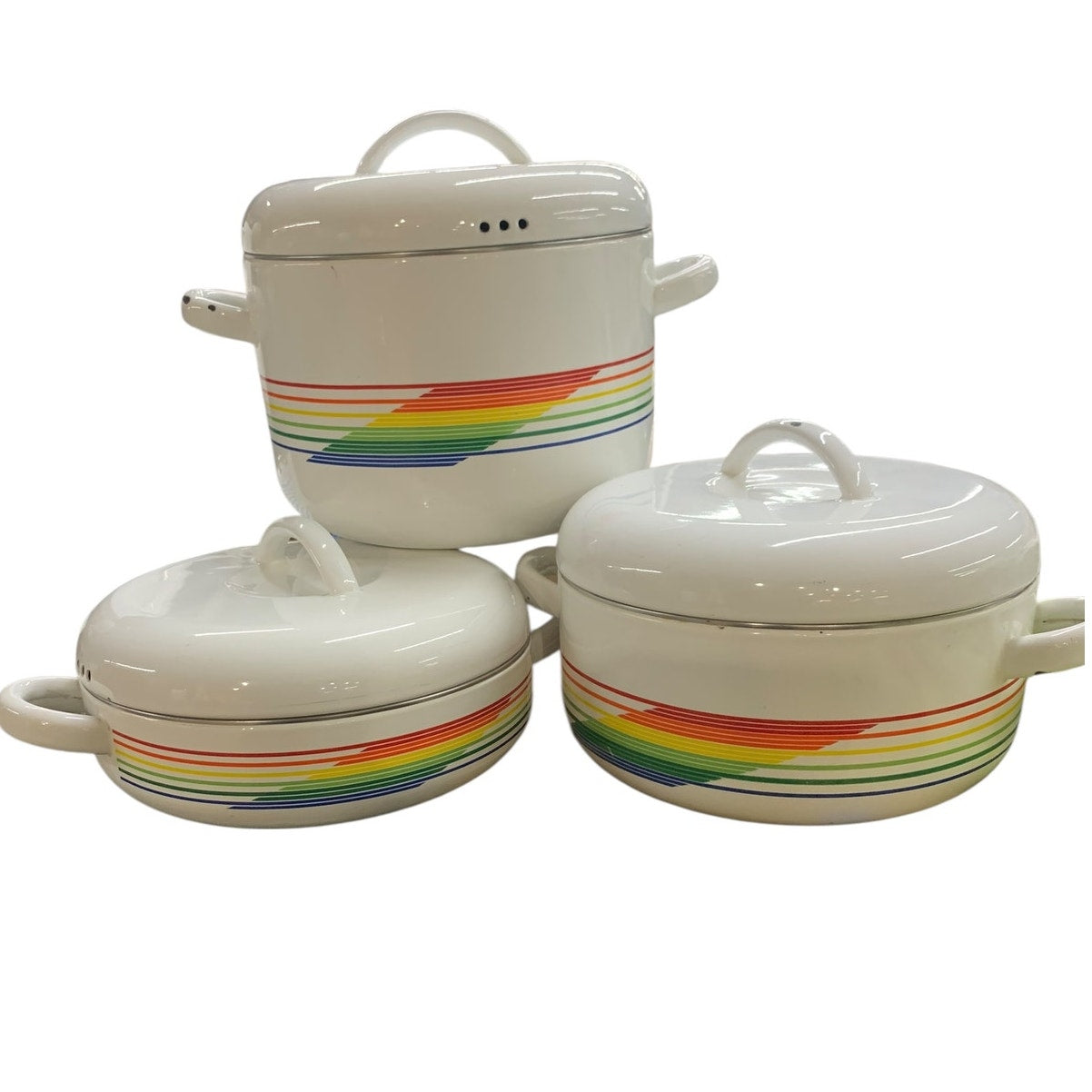Vintage Enamel Fabrique Rainbow Pots with lids Set of 3
