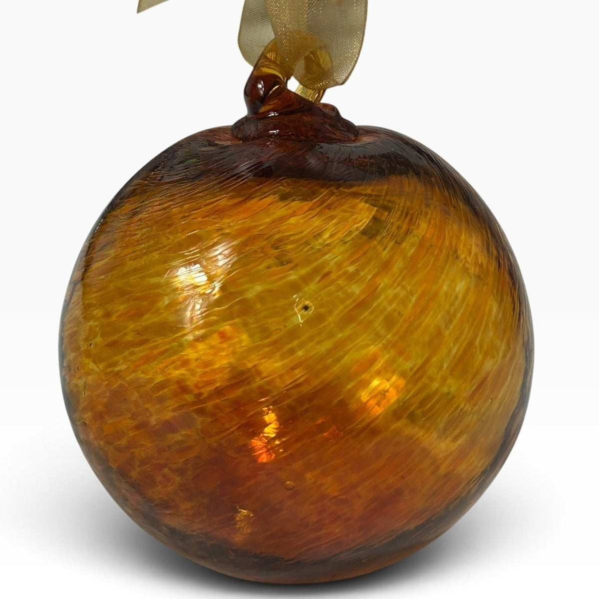 Crate & Barrel Amber Swirl Hand Blown Glass Christmas Ornament Ribbon