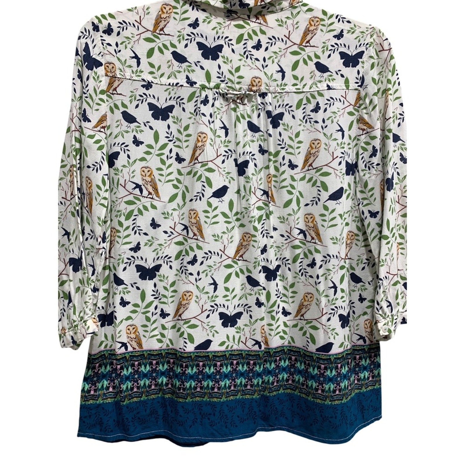 Anthropologie Maeve Woodland Walk Owl Butterfly Print Button SZ 8P