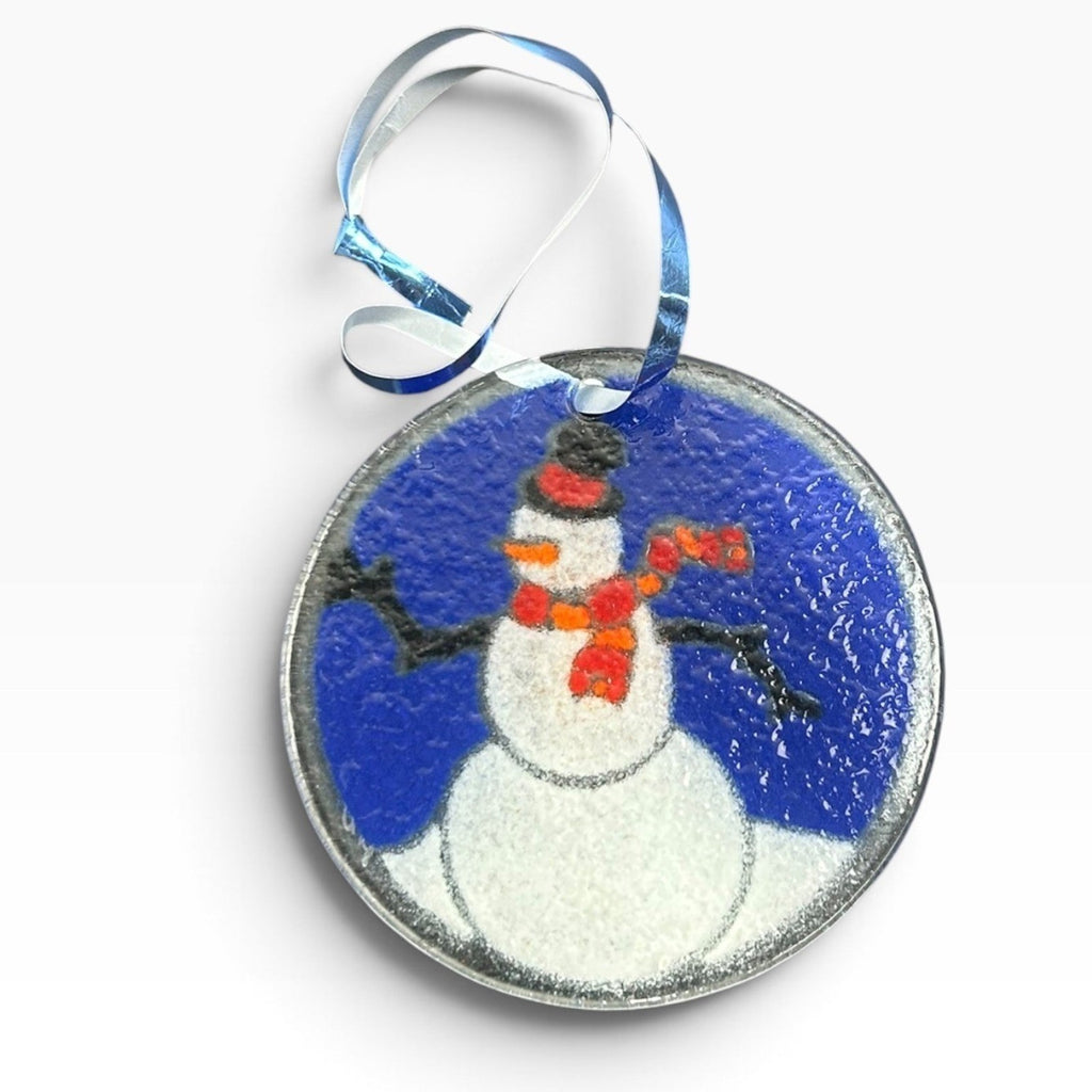 Peggy Karr Vintage Fused Glass Snowman Ornament 3.5 Inch Round Blue White Rare