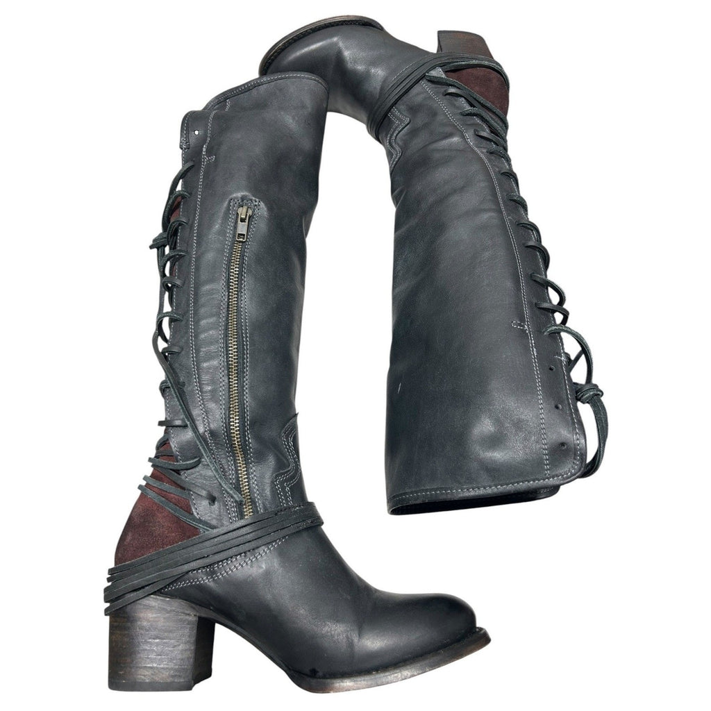 Freebird by Steven Coal Black Leather Over The Knee Lace Up Boots Womens 9