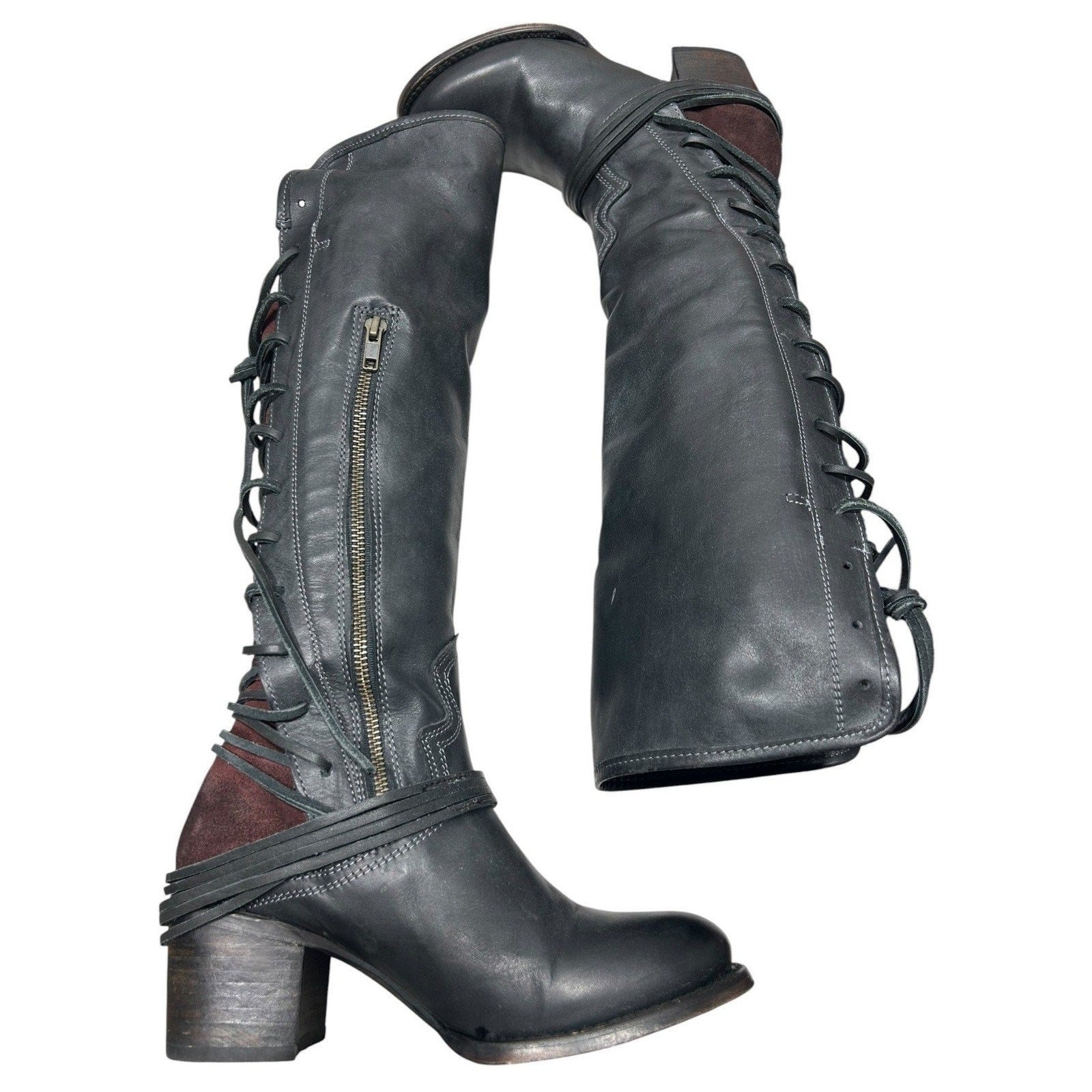 Freebird by Steven Coal Black Leather Over The Knee Lace Up Boots Womens 9