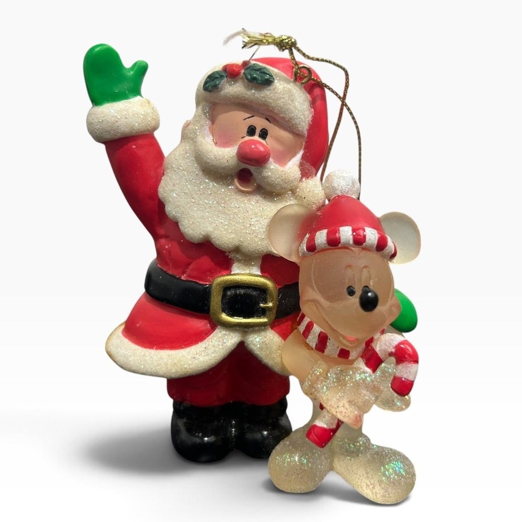 Disney Santa Claus and Mickey Mouse Christmas Ornament Glitter Accents 4x3 VTG