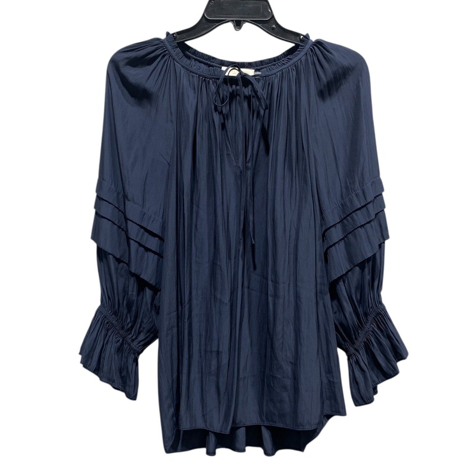 Ramy Brook Navy Blue Randi Puff Sleeve Top Tiered Sleeve V Neck Top size medium