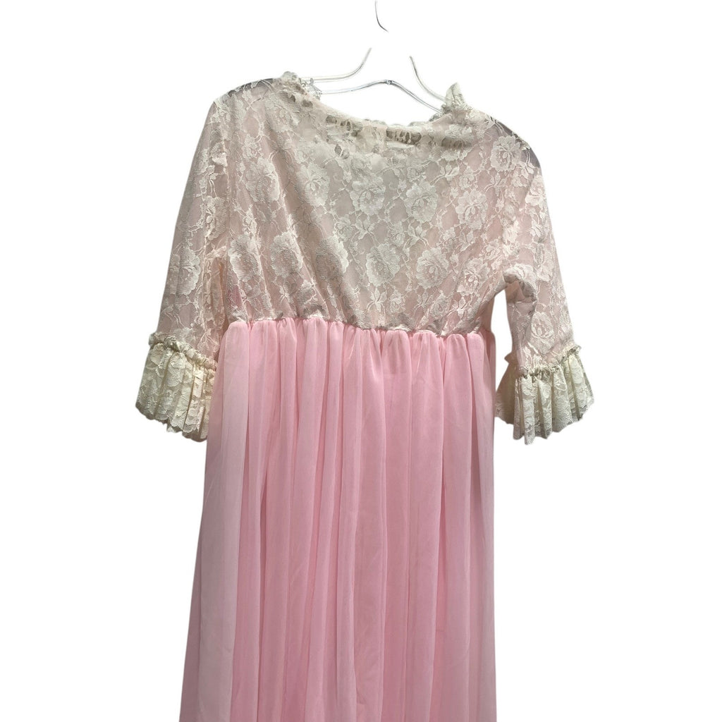 Vintage Pink Lace Maxi Nightgown Sheer Empire Waist Ruffle Sleeve Peignoir Dress