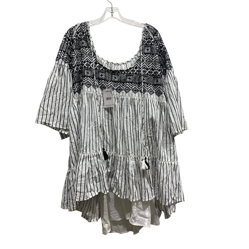 Free People Lola Embroidered Mini Dress Black White Striped Tiered Tunic Top M