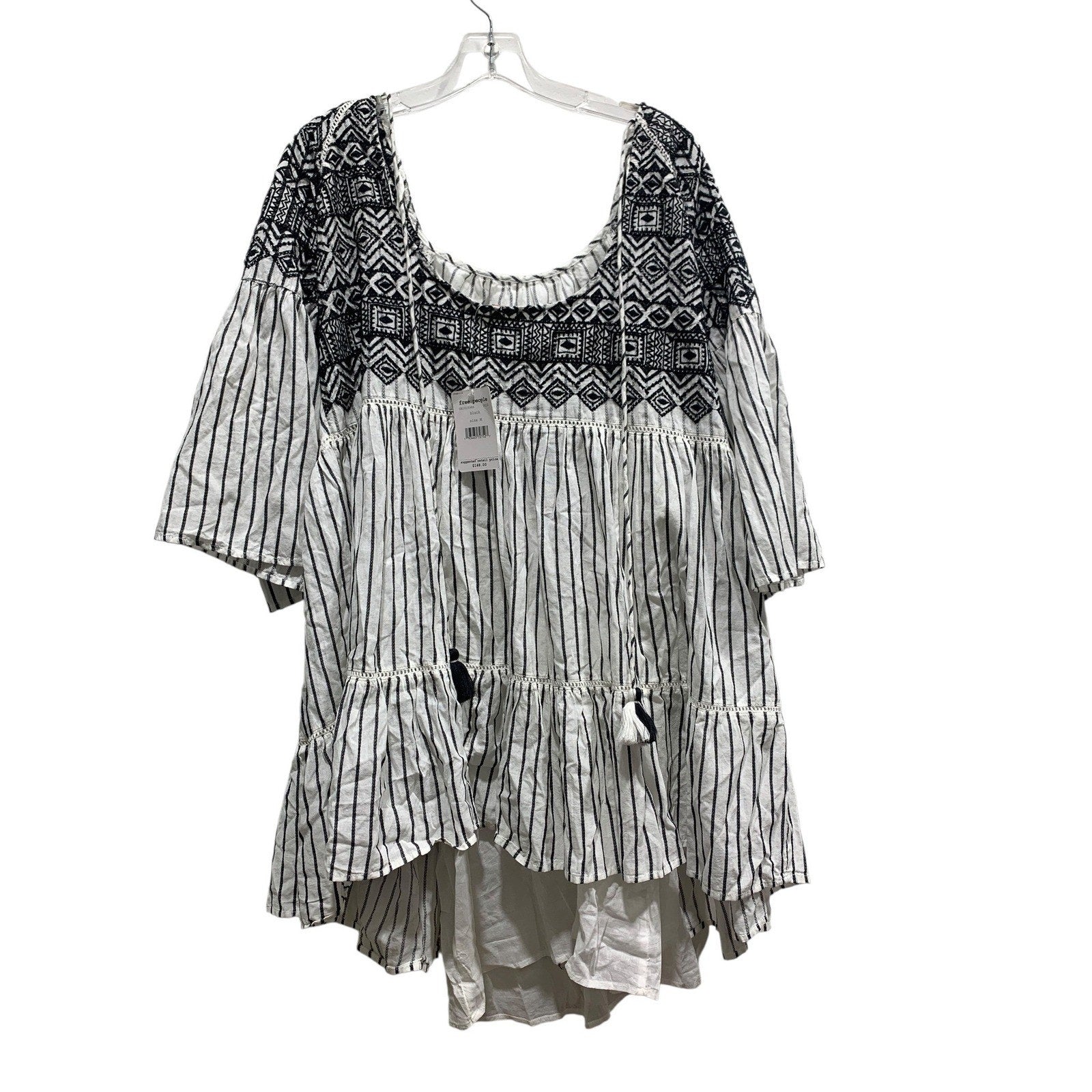 Free People Lola Embroidered Mini Dress Black White Striped Tiered Tunic Top M