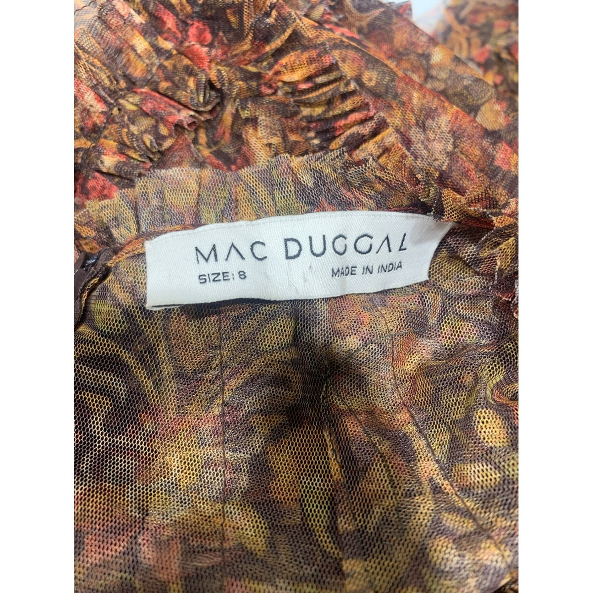 Mac Duggal Floral Print Long Flare Sleeve Mesh Ruffle Tiered A-Line Dress 8 fall