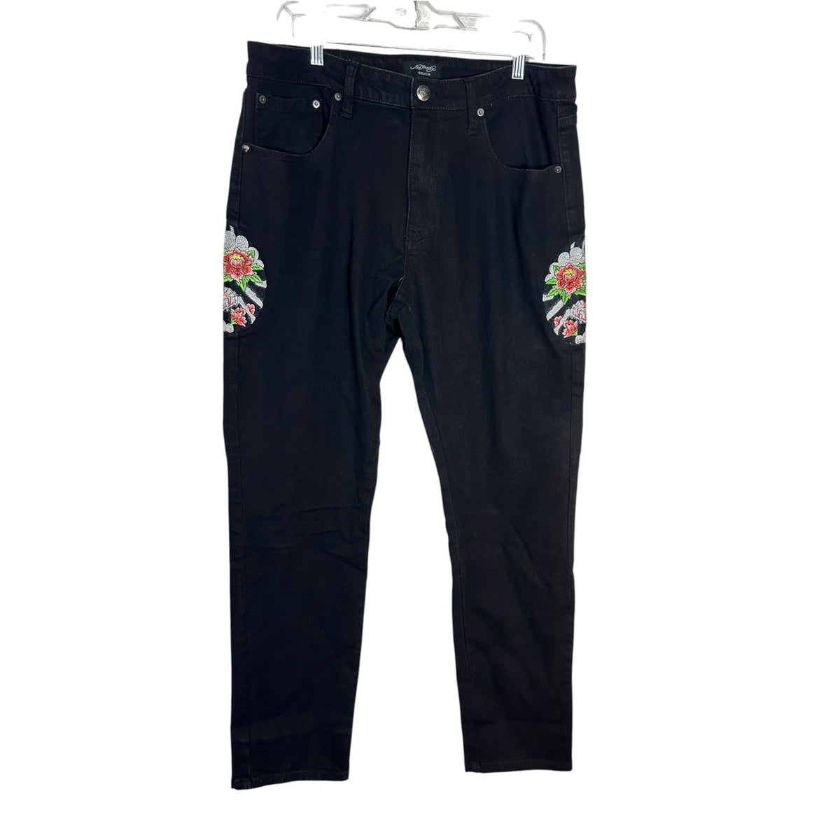 Ed Hardy Black Embroidered Foo Dog Jeans Mens 36 Y2K Streetwear Tattoo street