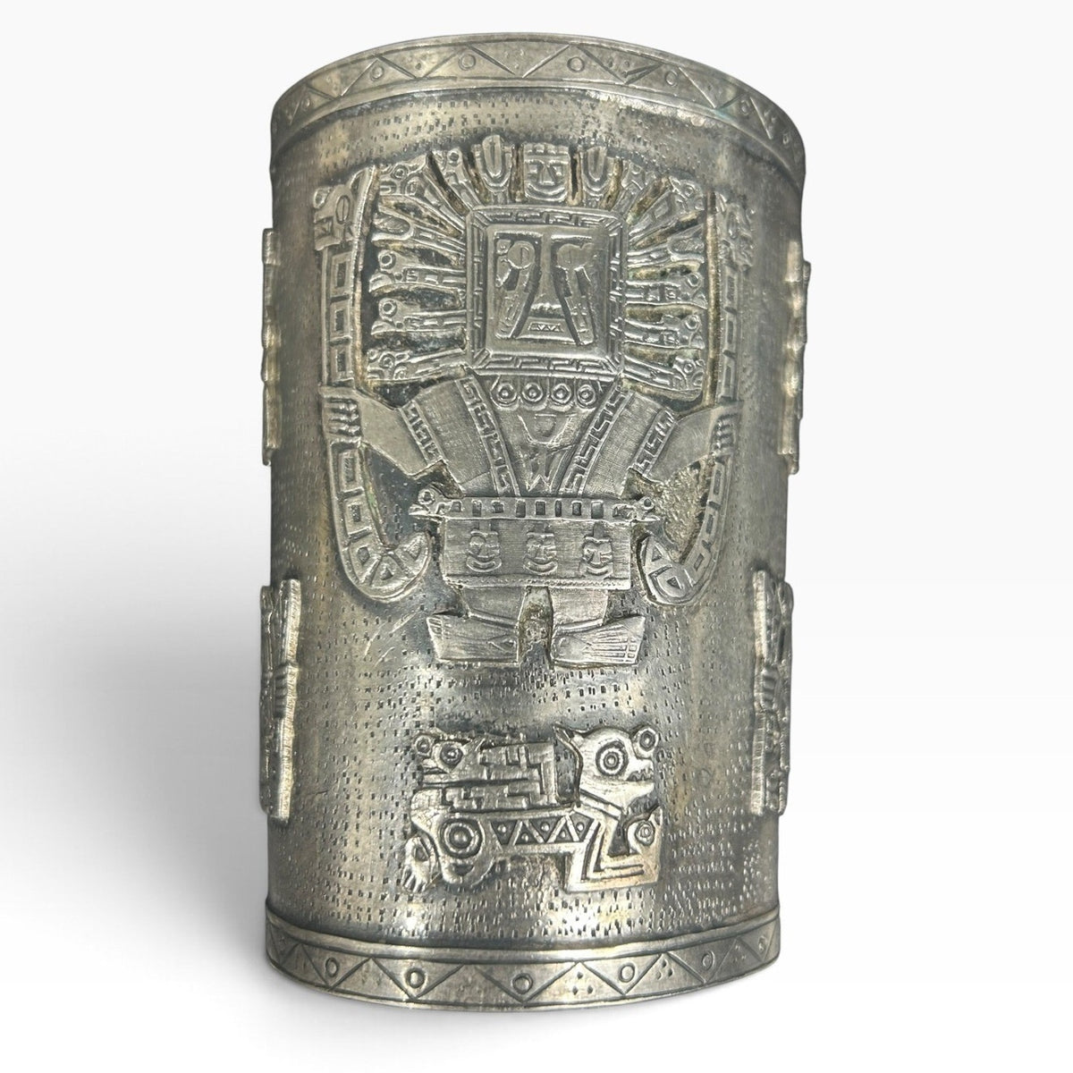 Vintage Peruvian Silver Cuff Bracelet Incan Inti Sun God Embossed 121g Patina