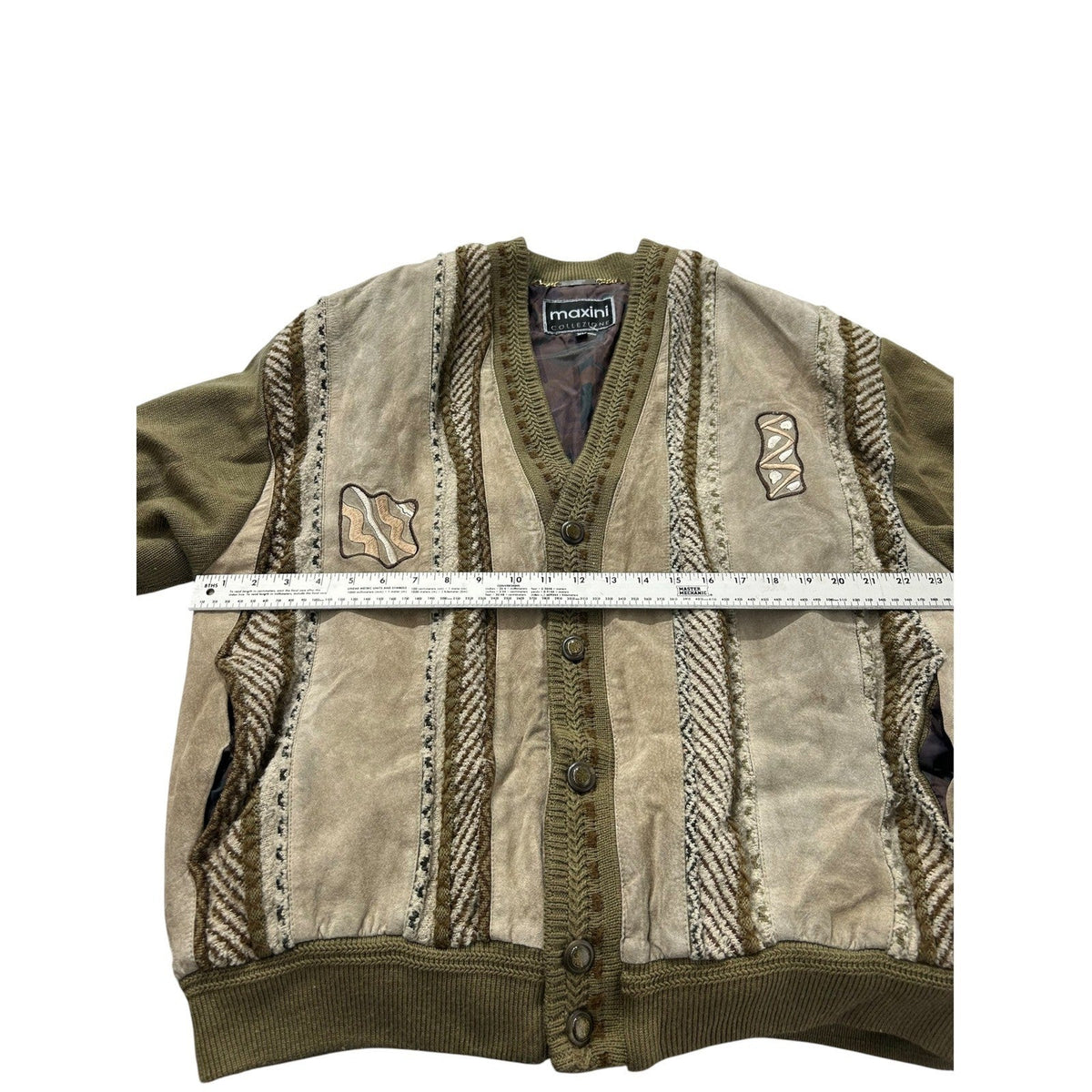 Vintage Maxini Collezione Suede 3D Knit Cardigan Jacket Mens XL Brown Tan patch