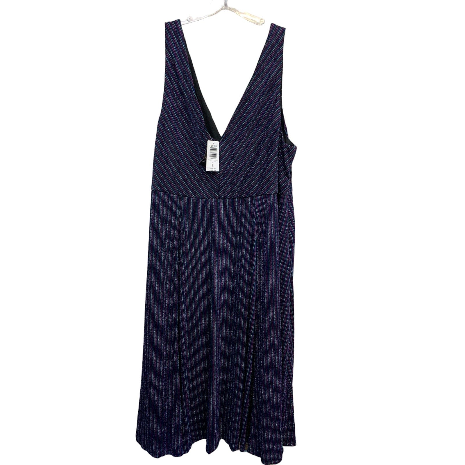 NWT TORRID Dark Blue & Multi Stripe Shimmer Midi Skater Dress sz 4