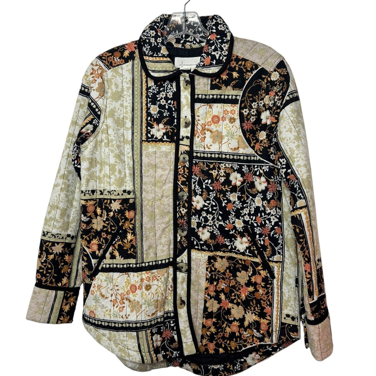 Anthropologie Quilted Patchwork Floral Jacket Black Cream Orange XS XS Boho