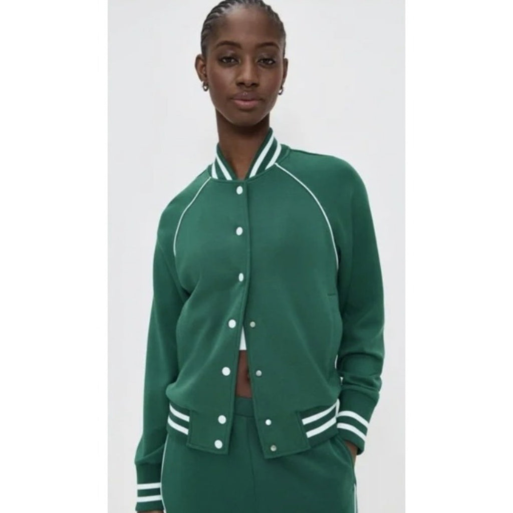 VARLEY Jepson Club Jacket Green DoubleSoft Varsity Style Snap Front Women Small