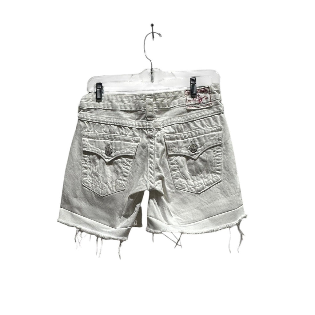 True Religion Jayde White Denim Cut Off Shorts Horseshoe Flap Pocket USA Size 26