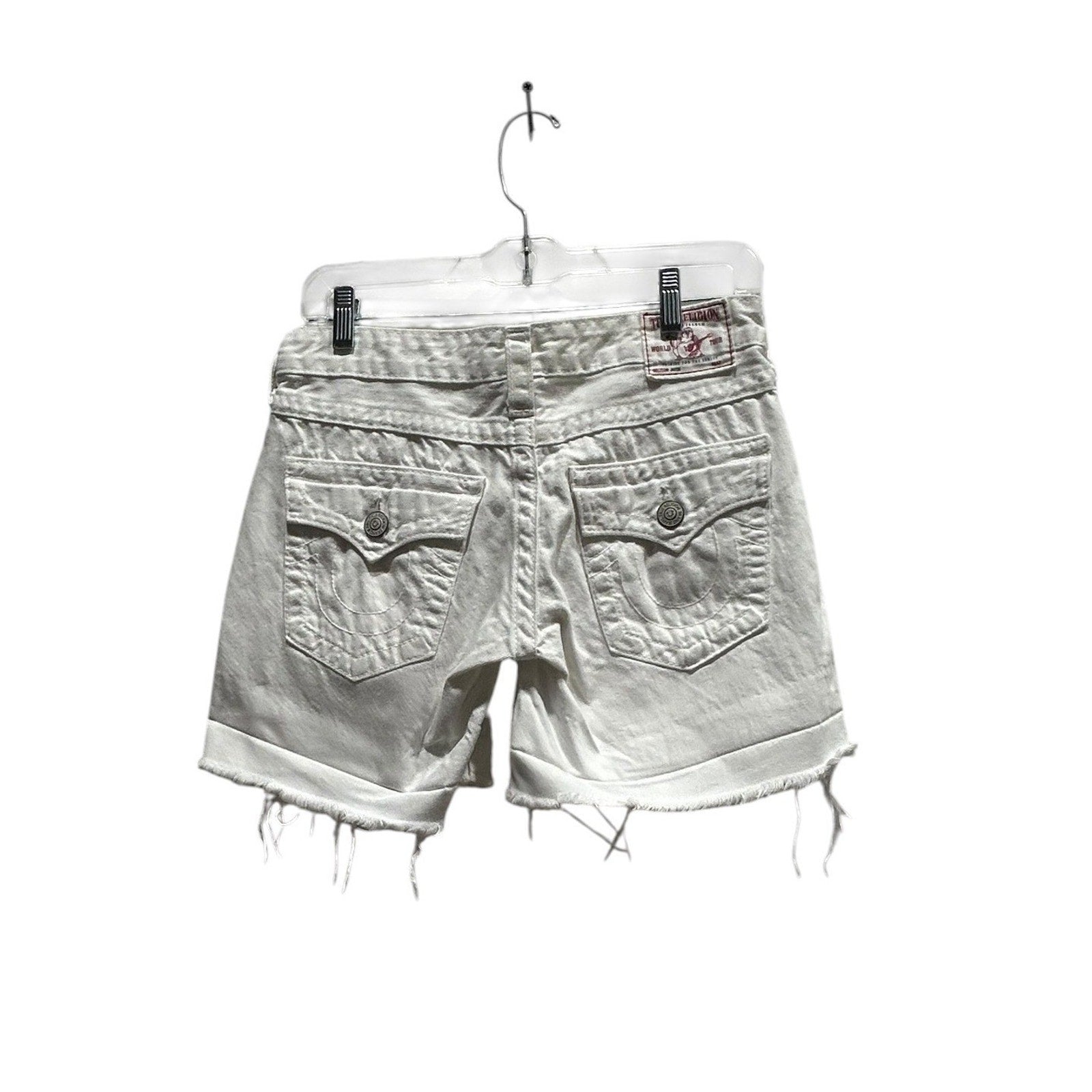 True Religion Jayde White Denim Cut Off Shorts Horseshoe Flap Pocket USA Size 26