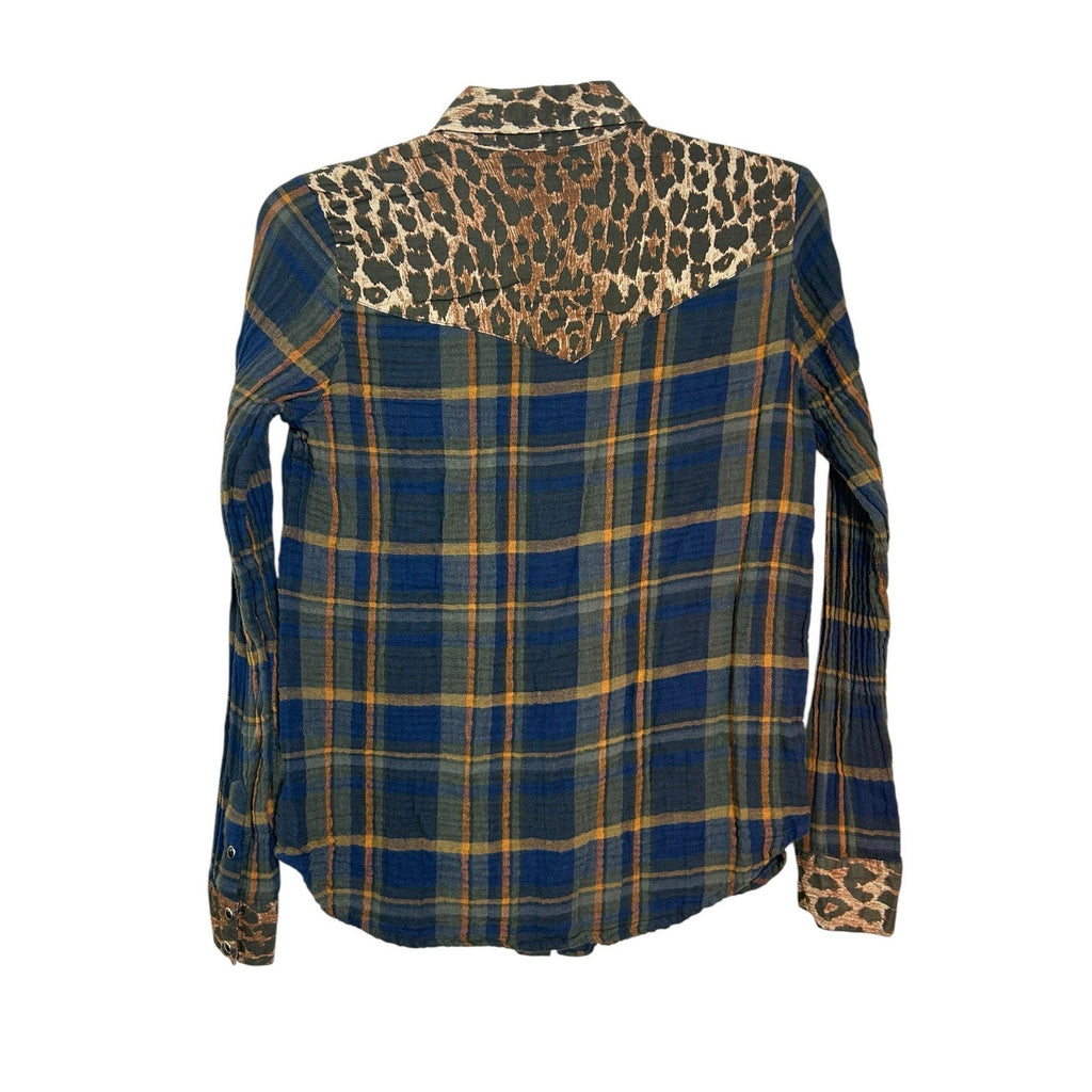 Johnny Was Workshop Navy Plaid Leopard Print Western Button Up Shirt XS layering
