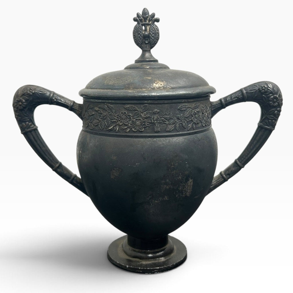Antique 1881-1892 Barbour Bros Silver Plate Trophy Urn Floral Relief 3011 Patina